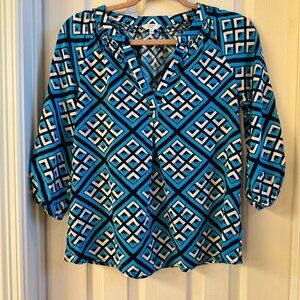Crown & Ivy ¾ sleeve, women, size S, blue geometric pattern blouse